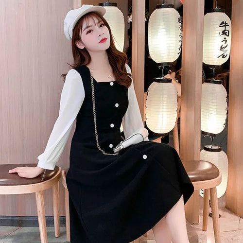 Load image into Gallery viewer, Korean Style Black Dress Women Vintage Square Collar Long Sleeve Midi Dresses Kpop Fashion Autumn Robes Female
