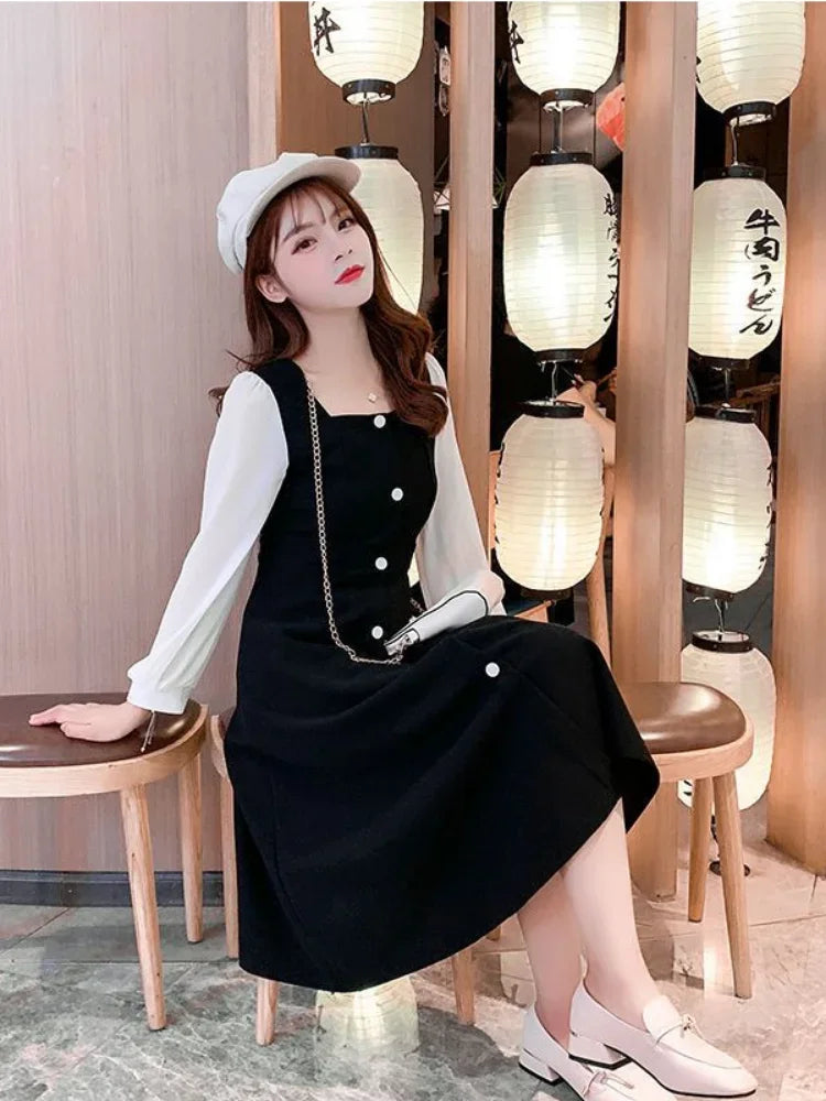 Korean Style Black Dress Women Vintage Square Collar Long Sleeve Midi Dresses Kpop Fashion Autumn Robes Female