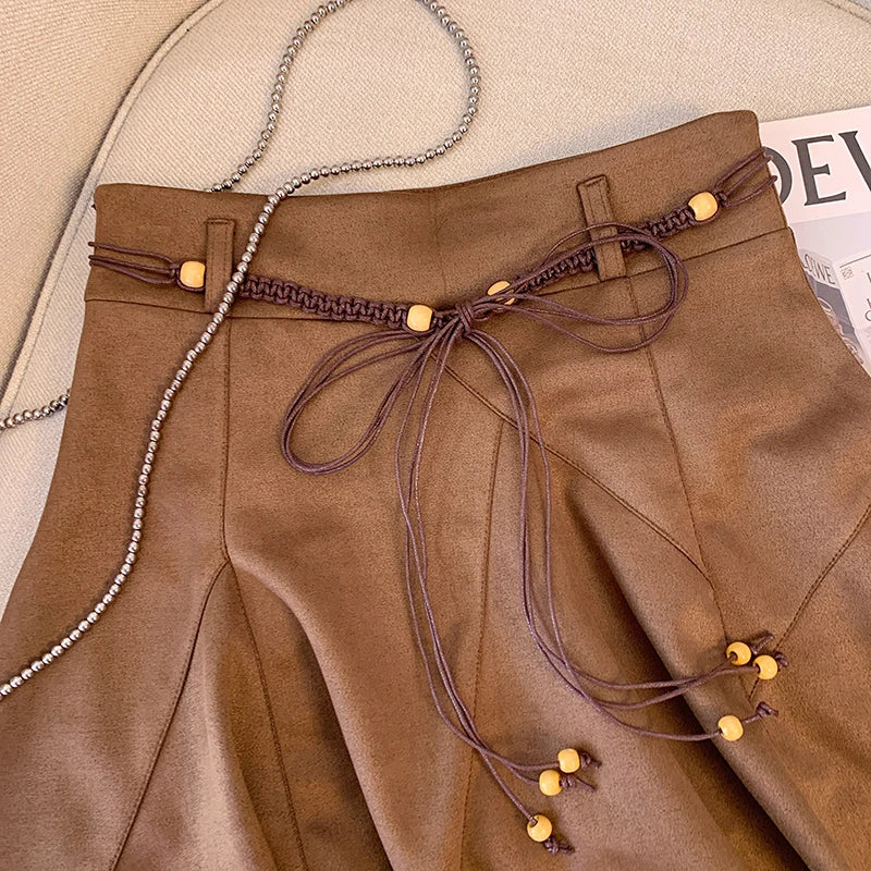 Autumn Winter Black Leather Pleated Mini Skirt Retro Woman 2024 Brown High Waist Sexy Club Bandage Irregular Short Pu Skirt Chic