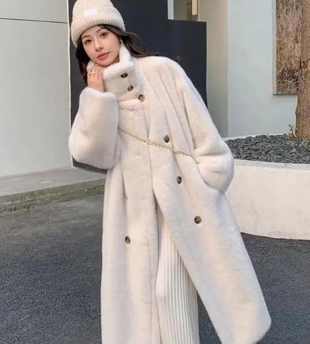 French Vintage Women Beige Long Sleeve Thick Mink Coat 2024 New Autumn Winter Ladies Double Breasted Warm Jacket Trendy Fashion