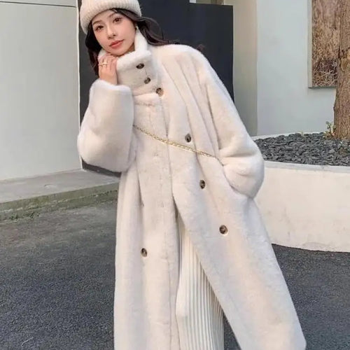 Load image into Gallery viewer, French Vintage Women Beige Long Sleeve Thick Mink Coat 2024 New Autumn Winter Ladies Double Breasted Warm Jacket Trendy Fashion
