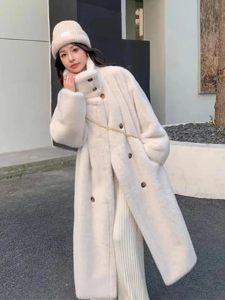 French Vintage Women Beige Long Sleeve Thick Mink Coat 2024 New Autumn Winter Ladies Double Breasted Warm Jacket Trendy Fashion