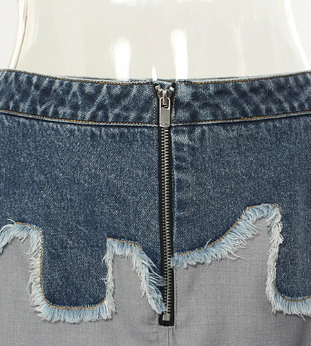 Colorblock Spliced Raw Hem Skirts For Women High Waist Patchwork Zipper Vintage Elegant Skirt Female Fashion Style