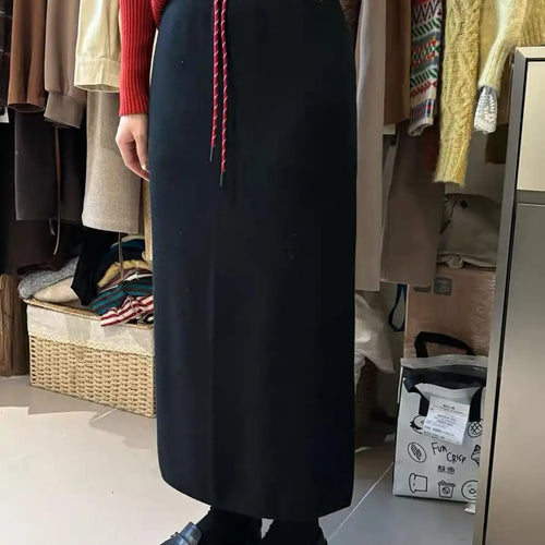 Load image into Gallery viewer, Korean Solid Drawstring Lace-up Elegant High Waist Long Skirt Women Versatile Split Skirt Streetwear 2024 Fashion Autumn Winter
