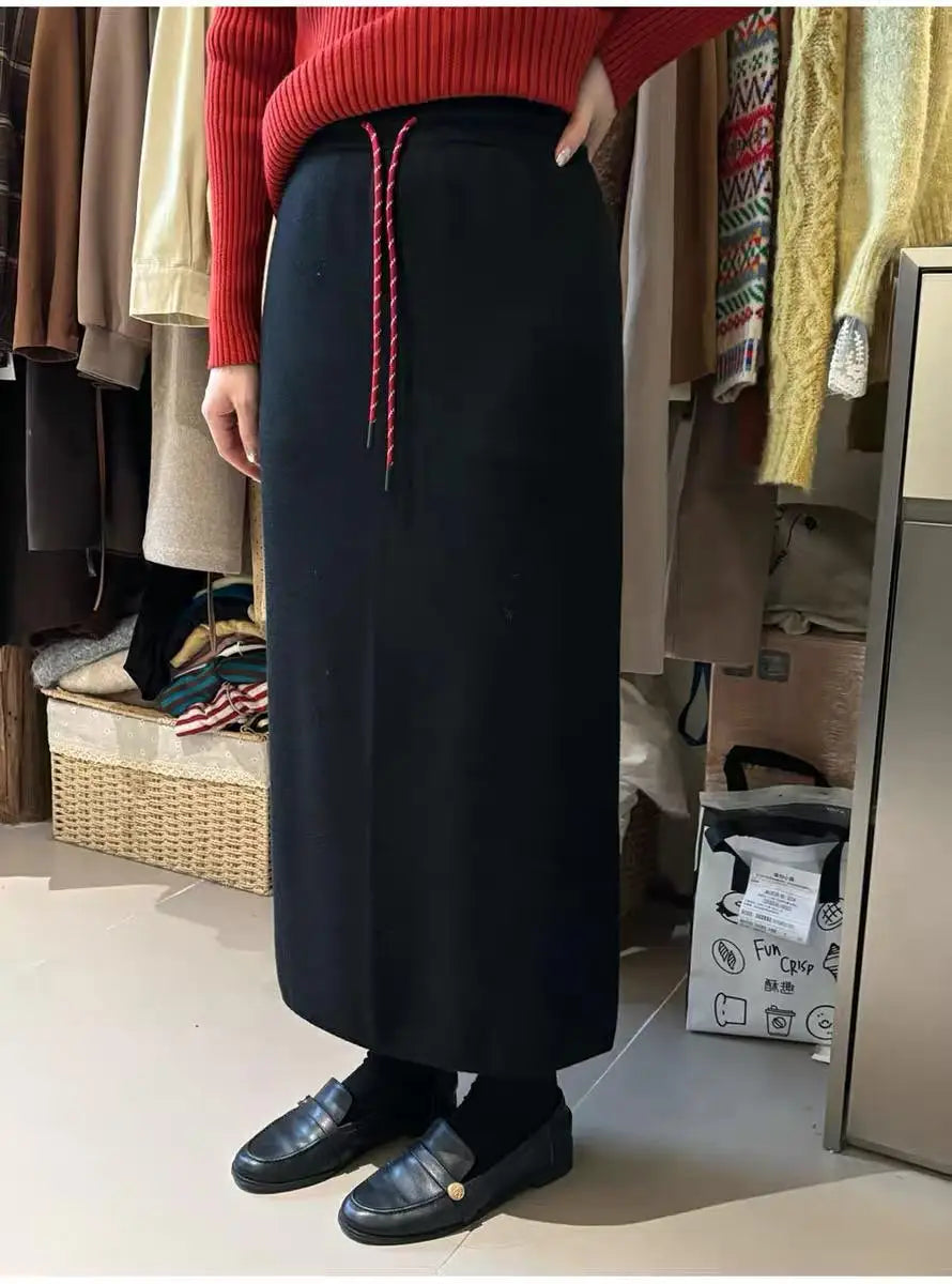 Korean Solid Drawstring Lace-up Elegant High Waist Long Skirt Women Versatile Split Skirt Streetwear 2024 Fashion Autumn Winter