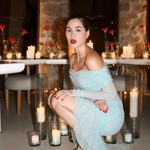 Load image into Gallery viewer, Elegant Long Sleeve Mesh Patchwork Ruffle Irregular Dress Female Sexy One Shoulder Fall Winter Party Club Evening Dress
