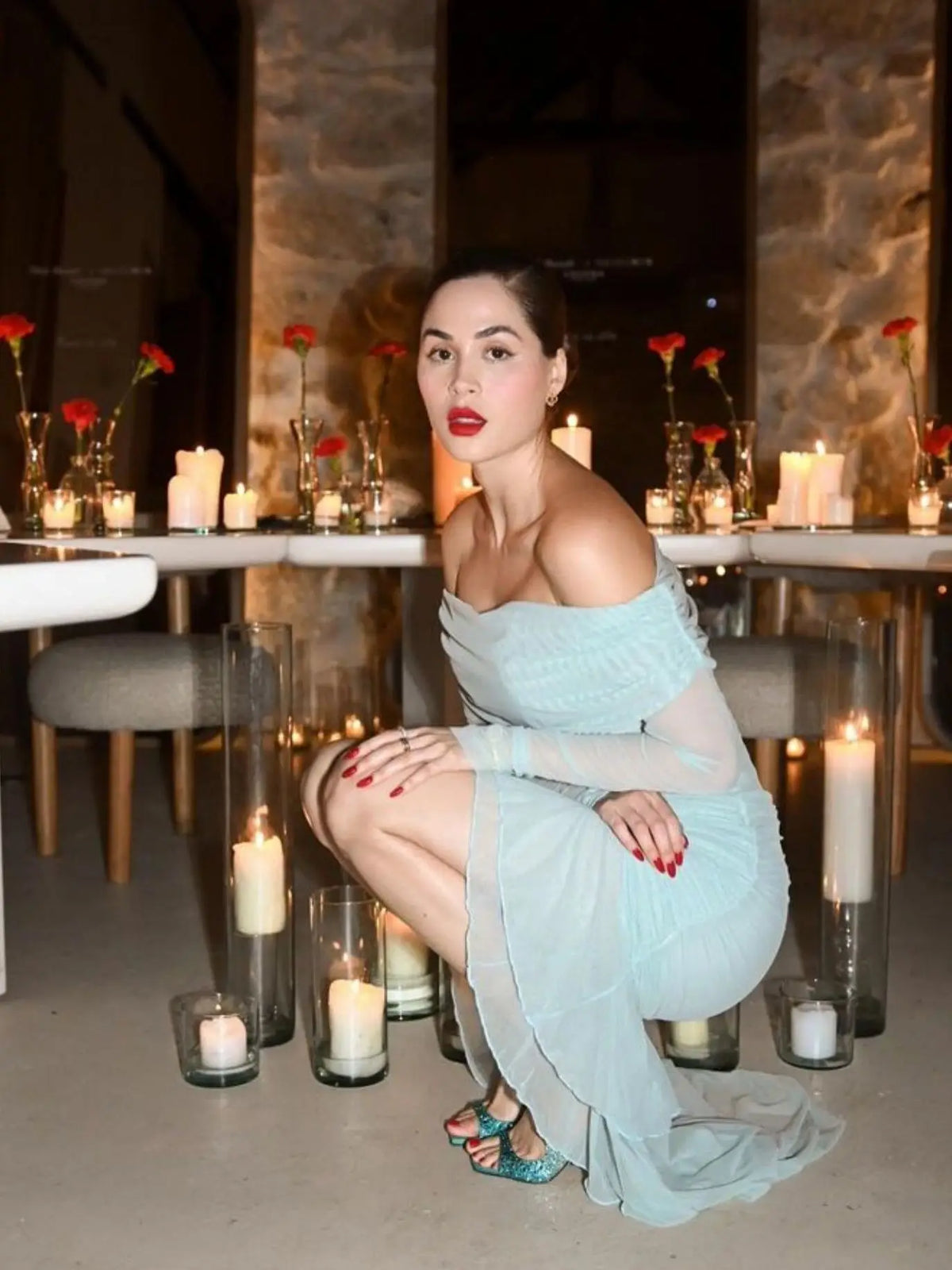 Elegant Long Sleeve Mesh Patchwork Ruffle Irregular Dress Female Sexy One Shoulder Fall Winter Party Club Evening Dress