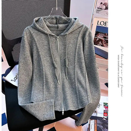 Load image into Gallery viewer, Korean Fashion Women's Black Beige Festival Hooded Zipper Sweatshirt Autumn Winter Retro Grey Long Sleeve Holiday Cardigan Tops

