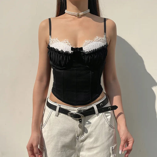 Load image into Gallery viewer, Chic Fashion Strap Lace Patched Frill Y2K Top Camisole Stitched Ruffles Bow Summer Cropped Bustier Top Contrast Color
