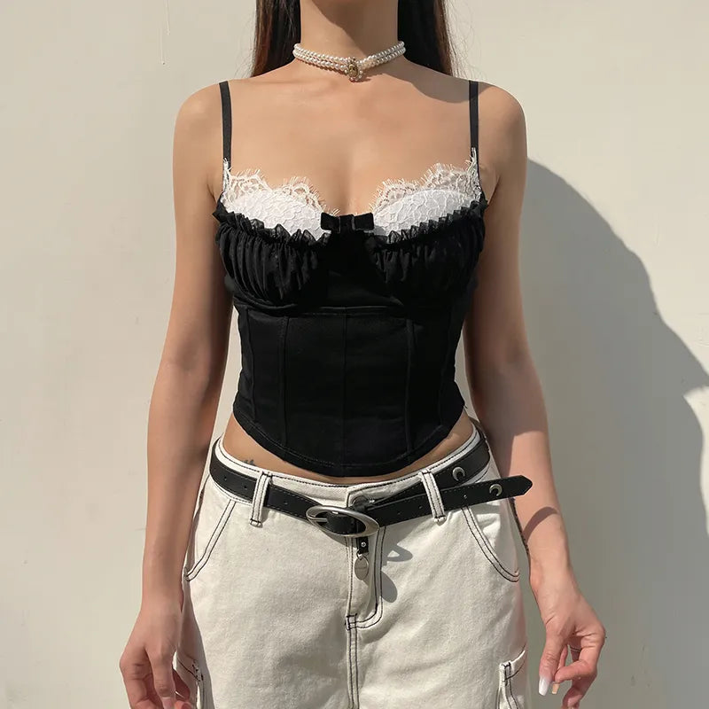 Chic Fashion Strap Lace Patched Frill Y2K Top Camisole Stitched Ruffles Bow Summer Cropped Bustier Top Contrast Color