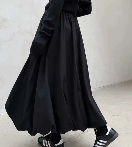 High Elastic Waist Black Brief Topstitched Long A-line Half-body Skirt Women Fashion Tide New Spring Autumn 2025 1DH8357
