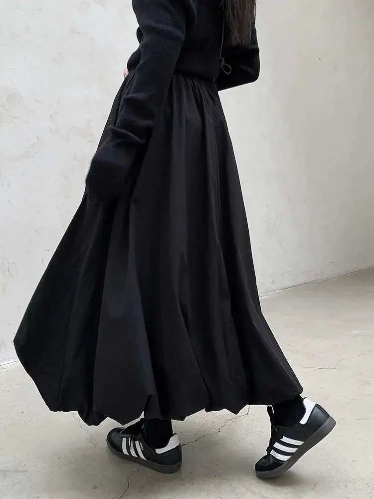 High Elastic Waist Black Brief Topstitched Long A-line Half-body Skirt Women Fashion Tide New Spring Autumn 2025 1DH8357