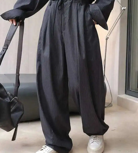 High Waist Gray Striped Drawstring Long Wide Leg Casual Pants New Trousers Women Fashion Tide Spring Autumn 2025 1DH6403