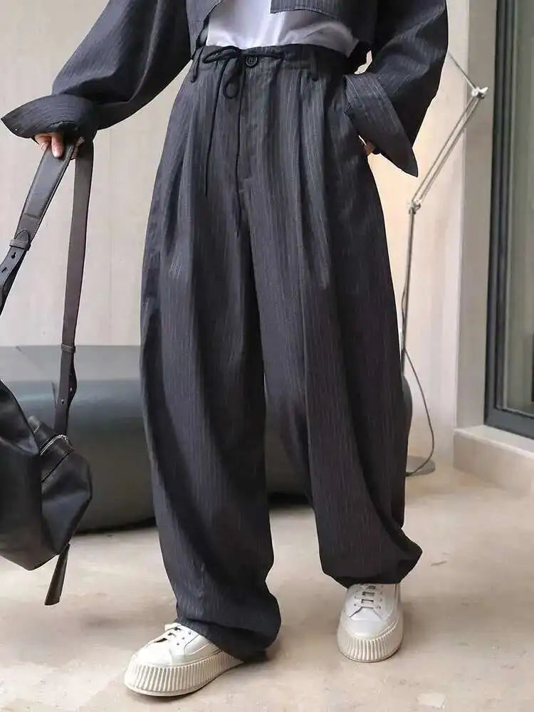 High Waist Gray Striped Drawstring Long Wide Leg Casual Pants New Trousers Women Fashion Tide Spring Autumn 2025 1DH6403