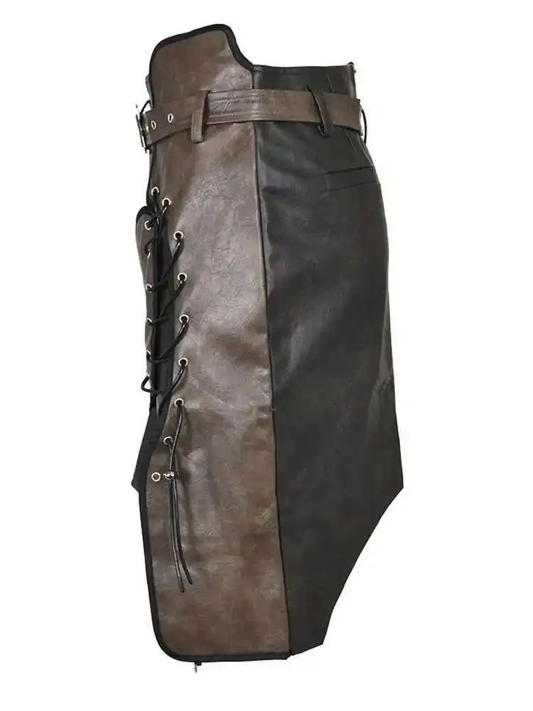 High Waist Belted Brown  Irregular Pu Leather String Half-body Skirt Women Fashion Tide New Spring Autumn 2025 1DE422916