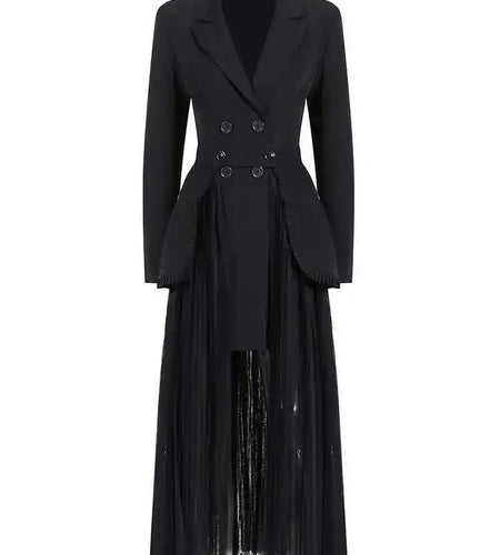 Half-body Skirt Pleated Mesh Two Pieces Suit New Lapel Long Sleeve Black Loose Women Fashion Spring Autumn 2025 1DE6625