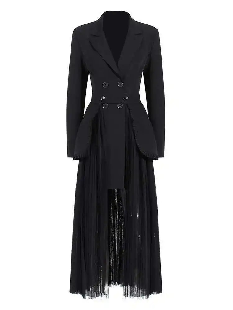 Half-body Skirt Pleated Mesh Two Pieces Suit New Lapel Long Sleeve Black Loose Women Fashion Spring Autumn 2025 1DE6625