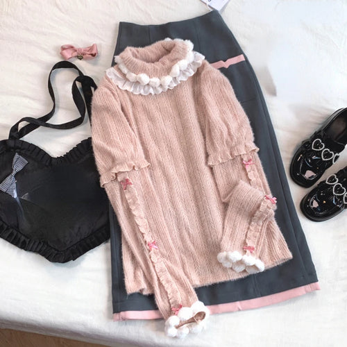Load image into Gallery viewer, Sweet Ruffled Patchwork Turtleneck Pullover 2025 Women Y2k Aesthetic Knitted Kawaii Cute Jumper Harajuku Fairy Bow Loose Sweater
