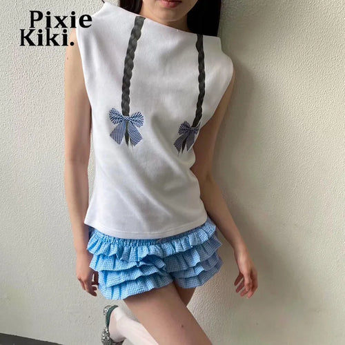 Load image into Gallery viewer, Slash Neck Sleeveless Tops 2024 Summer Clothes for Women Y2k 2000s Printed Tshirt White Graphic Tee Kawaii P85-BZ16
