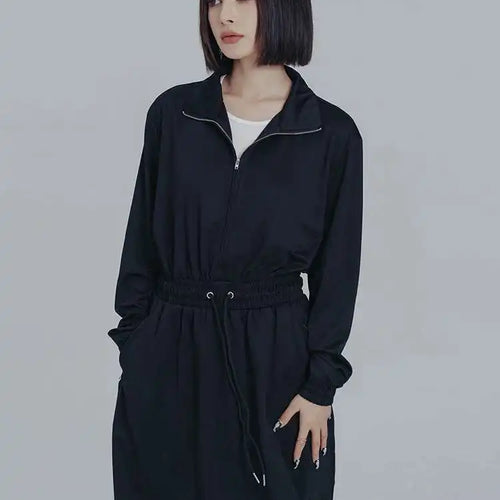 Load image into Gallery viewer, Women Black Brief Drawstring Casual Knee-Length Dress New Lapel Long Sleeve Loose Fit Fashion Spring Autumn 2025 1DF0706
