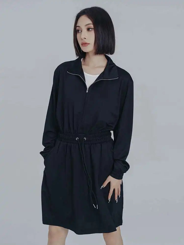 Women Black Brief Drawstring Casual Knee-Length Dress New Lapel Long Sleeve Loose Fit Fashion Spring Autumn 2025 1DF0706