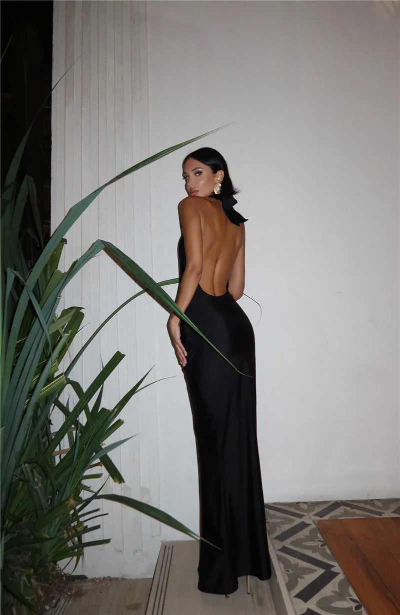 Halter Deep V Neck Backless Sexy Maxi Dress For Women Fashion Solid Sleeveless Bodycon Club Party Evening Long Dress