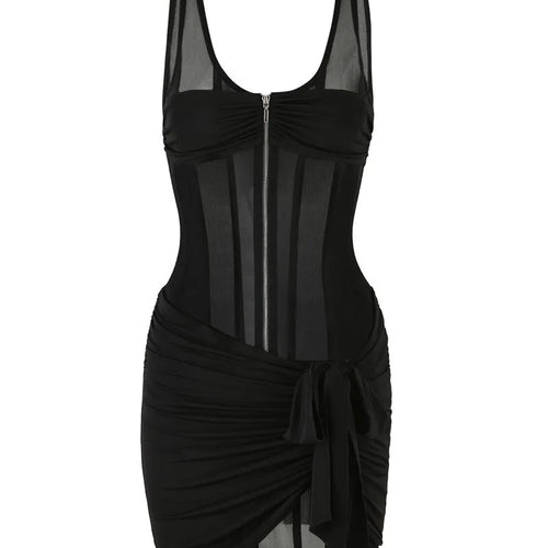 Load image into Gallery viewer, Black See Through Mesh Ruched Sexy Mini Dress For Women Robe Summer New Zipper Sleeveless Skinny Draped Club Dress
