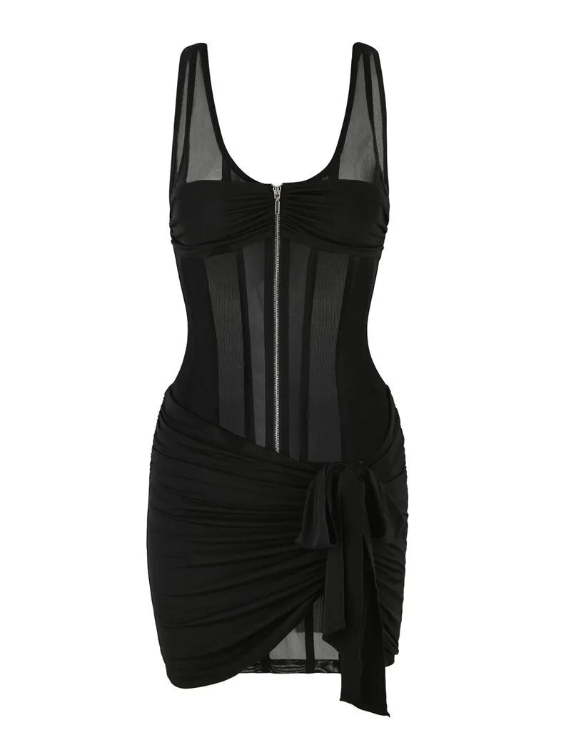 Black See Through Mesh Ruched Sexy Mini Dress For Women Robe Summer New Zipper Sleeveless Skinny Draped Club Dress