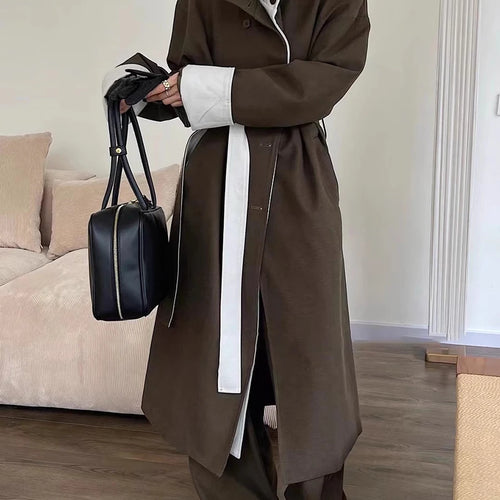 Load image into Gallery viewer, Colorblock Casual Trench For Women Stand Collar Long Sleeve Patchwork Double Breasted Temperament Long Coats Female
