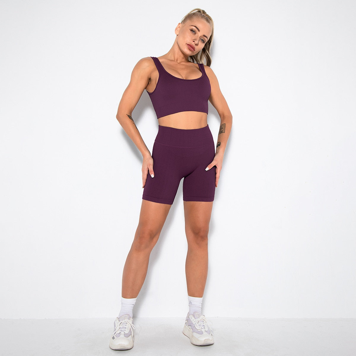 2 Piece Gym Set Women Seamless Leggings Sports Bra Workout Shorts Set Fitness Crop Top Running Outfit Suit Tracksuit Clothing