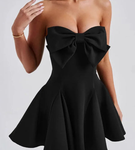 Bow Strapless Backless Sexy Mini Dress For Women Robe Fashion Solid Off-shoulder Sleeveless A-line Club Dress Vestido