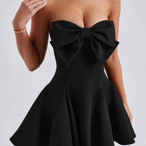Load image into Gallery viewer, Bow Strapless Backless Sexy Mini Dress For Women Robe Fashion Solid Off-shoulder Sleeveless A-line Club Dress Vestido
