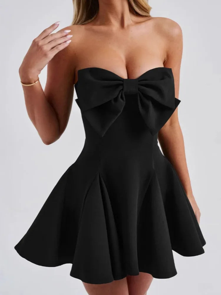 Bow Strapless Backless Sexy Mini Dress For Women Robe Fashion Solid Off-shoulder Sleeveless A-line Club Dress Vestido