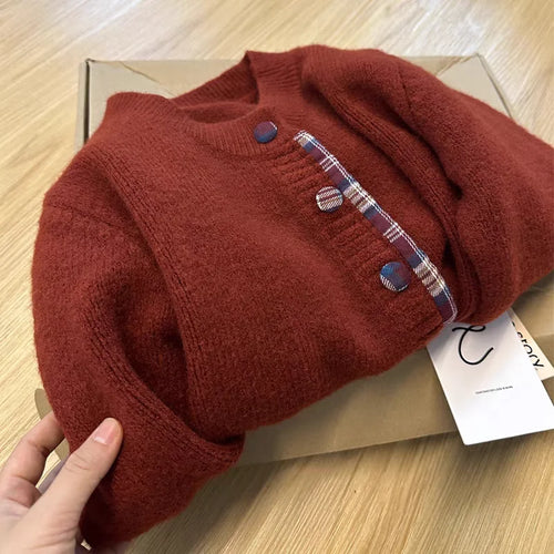 Load image into Gallery viewer, Autumn Winter Grey Patchwork Plaid Elegant Short Knitted Sweater Korean Women's Red Round Neck Long Sleeved Button Cardigan Tops
