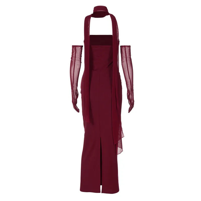 Strapless Backless Sexy Maxi Dress For Women Burgundy Mesh Sleeve Off-shoulder Bodycon Club Party Evening Long Dress