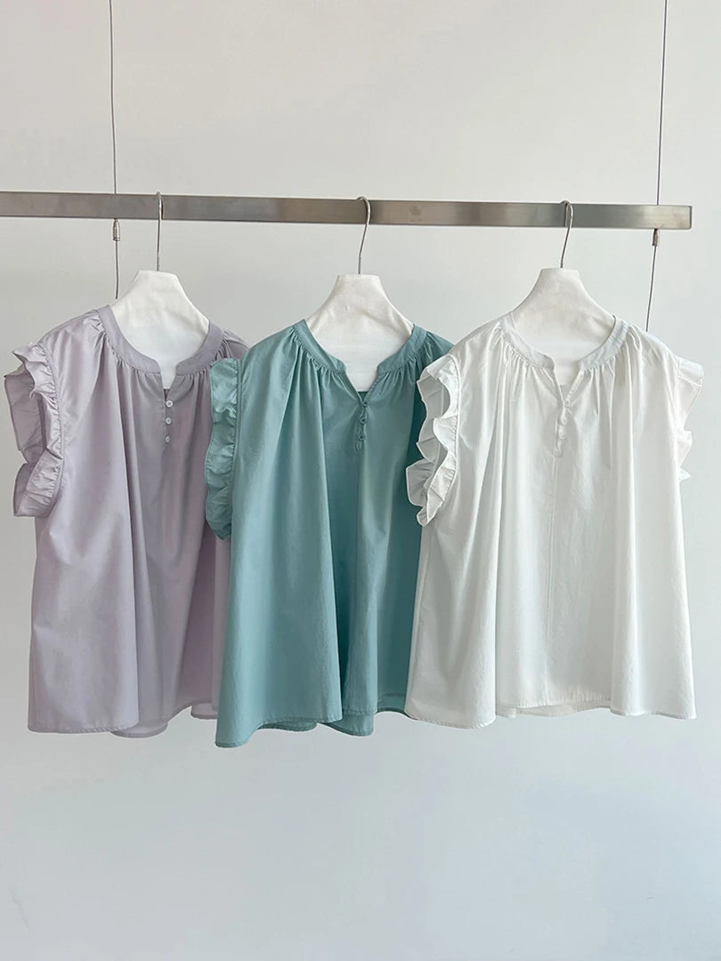 Women Green Purple Ruffles Big Size Elegant Blouse New V-Neck Sleeveless Shirt Fashion Tide Spring Summer 2025 1DJ1563