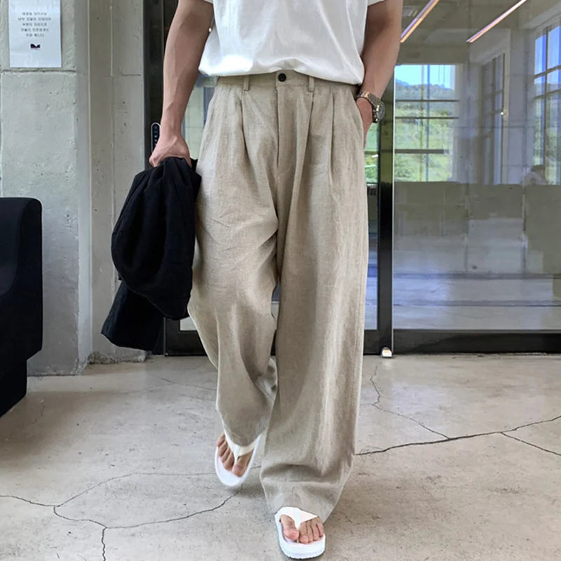 Korean Style Men's Casual Pants Pockets Soild Color Straight Wide Leg Male Loose Trousers Autumn Simple 9C7066