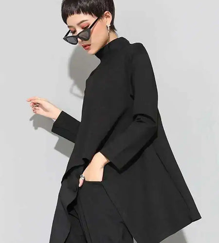 Women Black Irregular Hem Back Long Casual T-shirt New Turtleneck Long Sleeve Fashion Tide Spring Autumn 2025 1DF4653