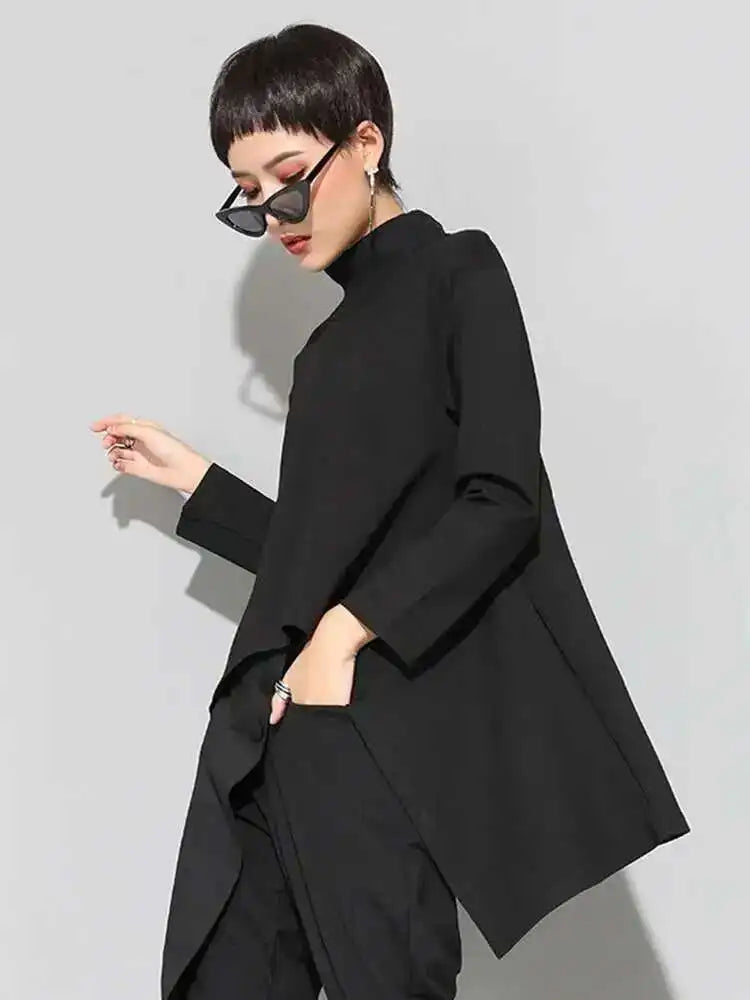 Women Black Irregular Hem Back Long Casual T-shirt New Turtleneck Long Sleeve Fashion Tide Spring Autumn 2025 1DF4653