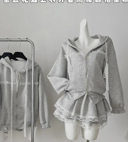 French Two Piece Set Autumn Women Grey Patchwork Lace Elegant Long Sleeve Hooded Tops And High Waist Cake Pleated Short Skirts