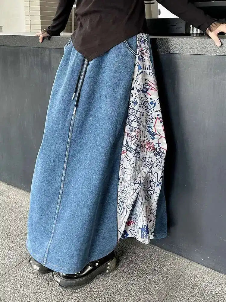 High Elastic Waist Green Pattern Printed Denim A-line Half-body Skirt Women Fashion Tide New Spring Autumn 2025 1DH8732