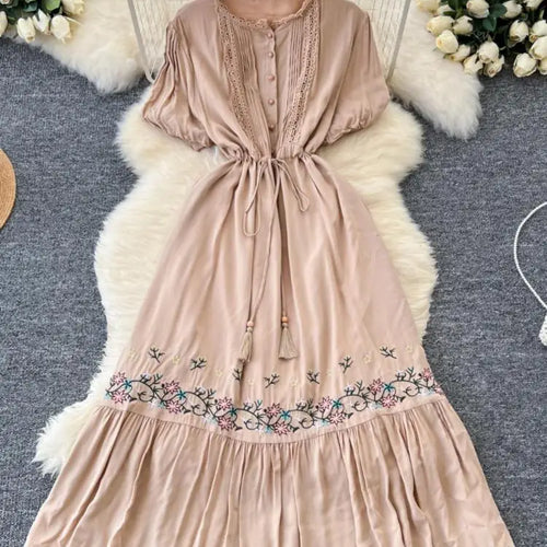 Load image into Gallery viewer, Retro 2024 Summer New Women's Round Neck Embroidered Lace Patchwork Lace Up Long Dresses Fashion Short Sleeves Button Dress Boho
