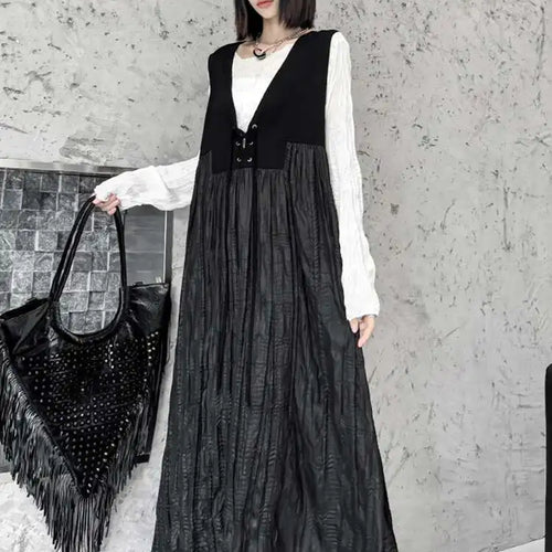 Load image into Gallery viewer, Women Black Bandage Pleated Spliced Big Size Midi Dress New V-Neck Sleeveless Fashion Tide Spring Autumn 2025 1DJ077701
