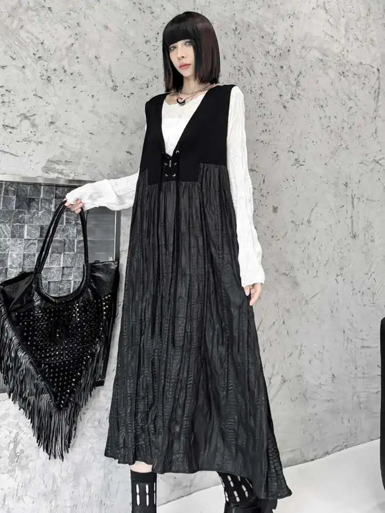 Women Black Bandage Pleated Spliced Big Size Midi Dress New V-Neck Sleeveless Fashion Tide Spring Autumn 2025 1DJ077701