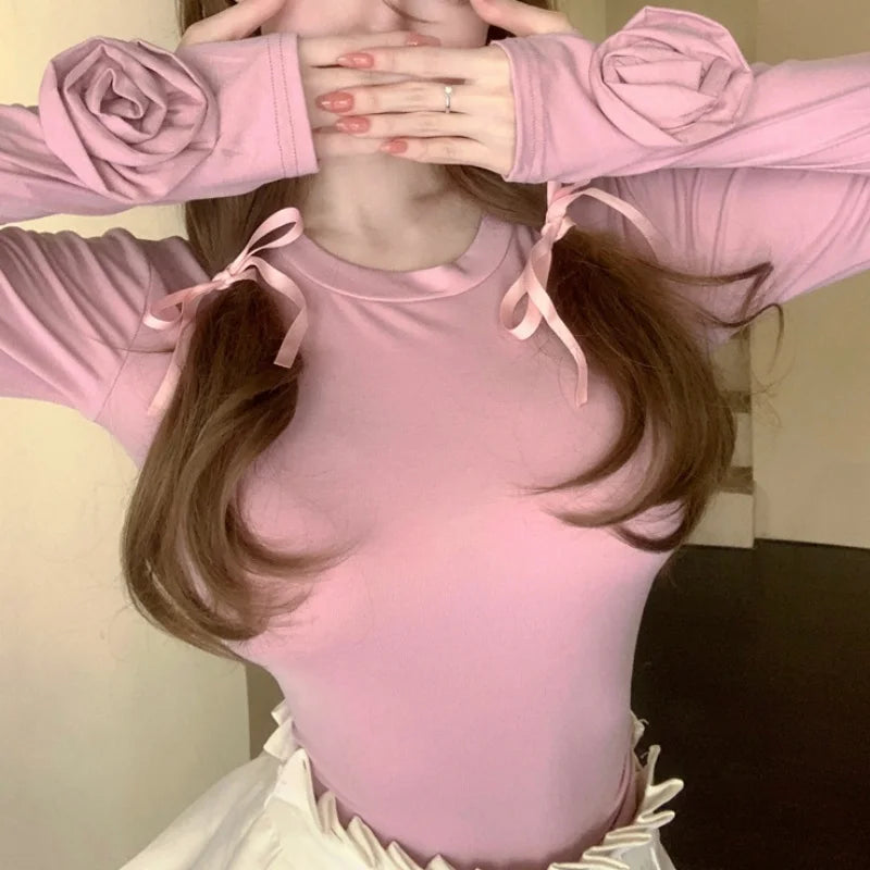 y2k Aesthetic Tops Women Clothes Solid Color Round Neck Long Sleeve T Shirt with 3D Flower 2000s Clothing Club Wear