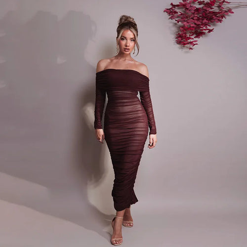 Load image into Gallery viewer, Off-shoulder Long Sleeve Sexy Maxi Dress For Women Autumn New Strapless Backless Bodycon Ruched Party Long Dress
