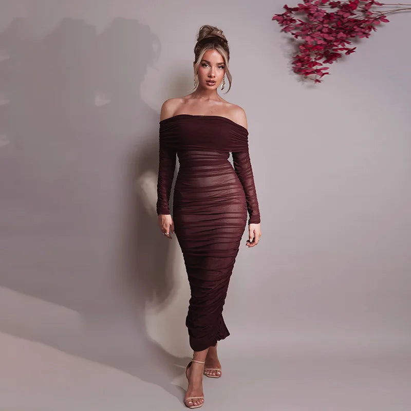 Off-shoulder Long Sleeve Sexy Maxi Dress For Women Autumn New Strapless Backless Bodycon Ruched Party Long Dress