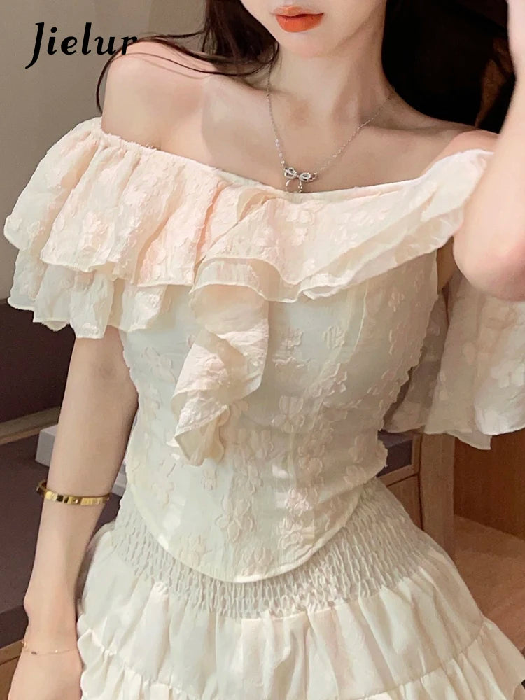 Slash Neck Lace Irregular Ruffles Fashion Women's Blouses Summer Solid Color Slim V-neck Chic Female Blouse Office Ladies