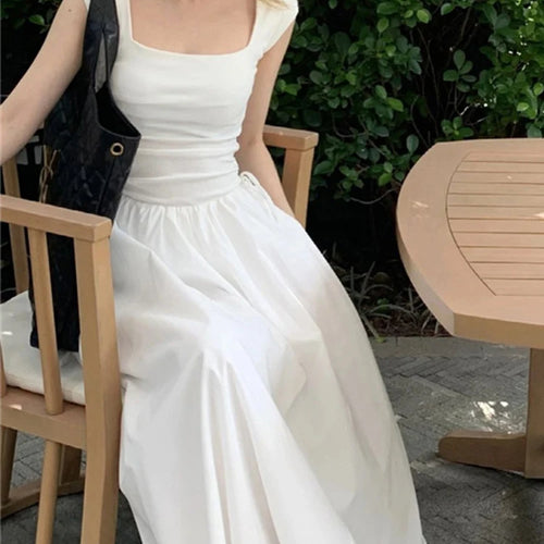 Load image into Gallery viewer, White Square Neck Elegant Chiffon Women&#39;s Dresses French Style Pure Color Ruffles Dress Summer Sleeveless Simple Dresses
