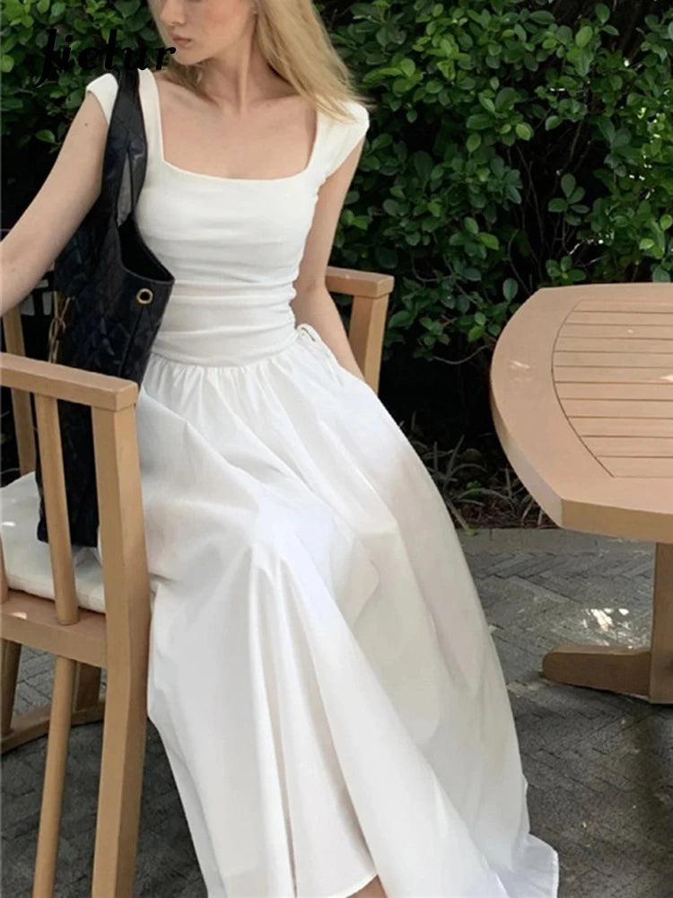 White Square Neck Elegant Chiffon Women's Dresses French Style Pure Color Ruffles Dress Summer Sleeveless Simple Dresses